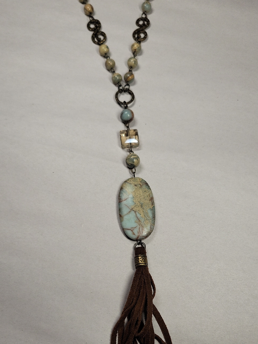 Carol Su Boho Blue Cream and Brown Oval Stone Tassel Necklace - Picture 10 of 15
